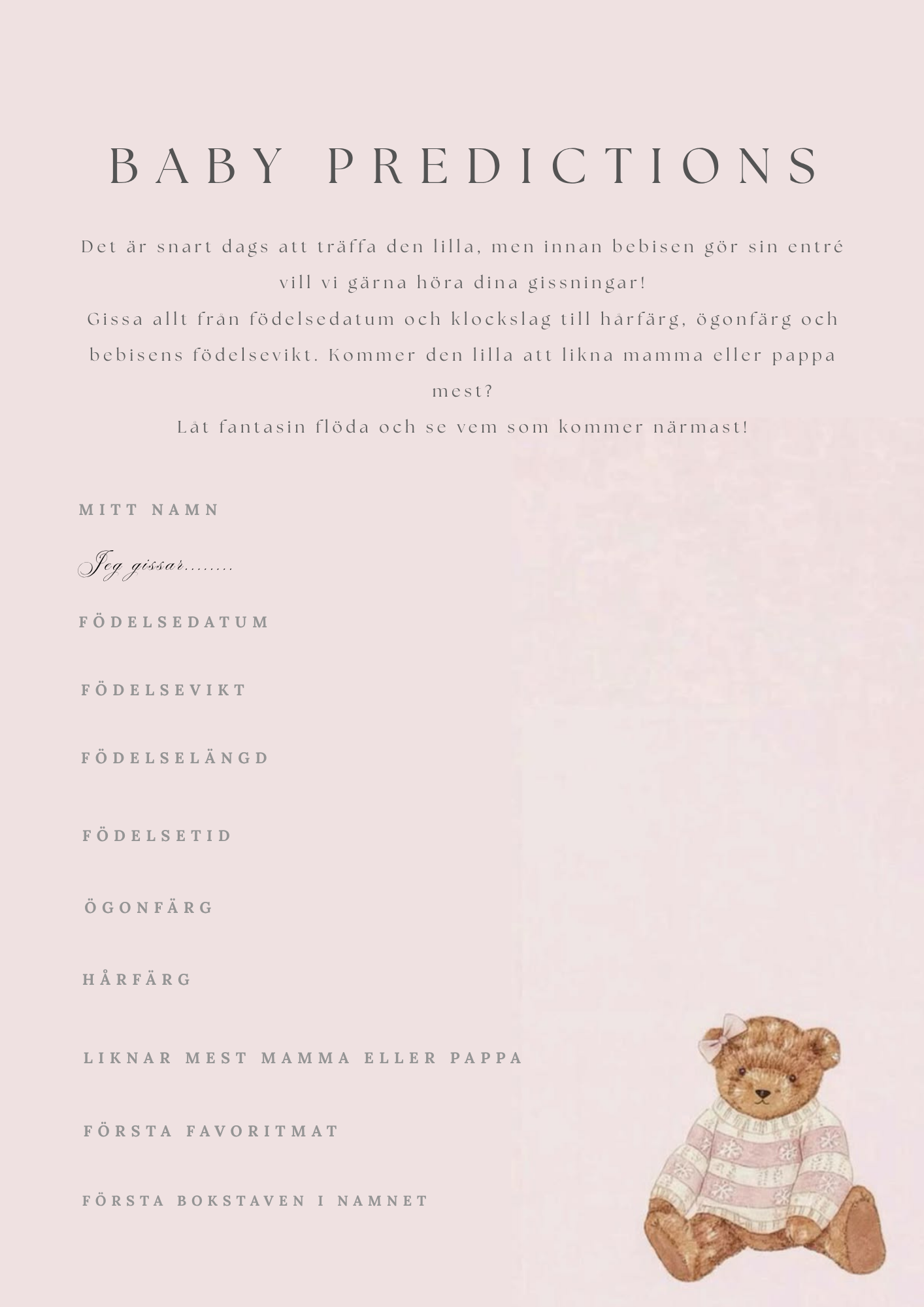 Pink Teddy Babyshower Games Bundle - NO, DK & SE